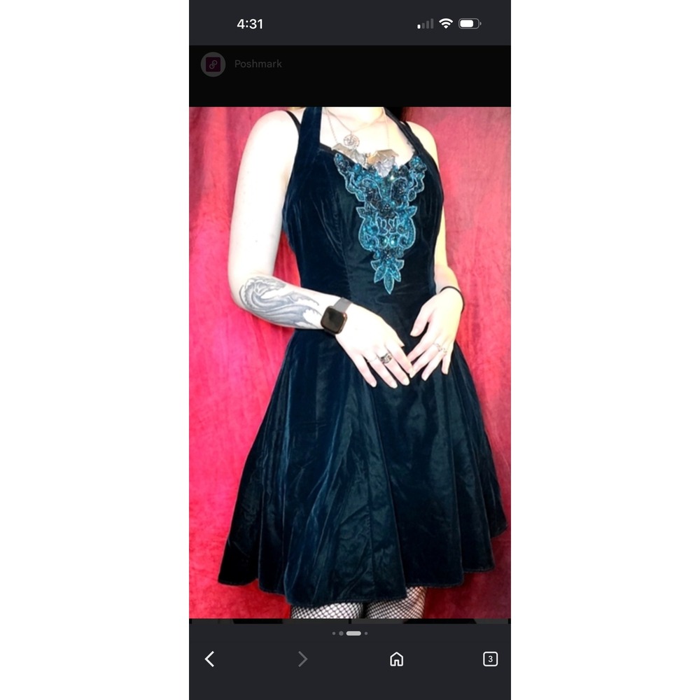 Vintage Black Velvet Halter Mini Dress XS Beaded Sequin Petticoat Gothic Witchy